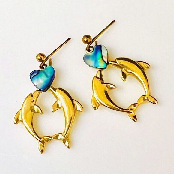 Vintage Weekenders Paua Shell Kissing Dolphins Heart Dangle Earrings Gold 1445 - Picture 3 of 10